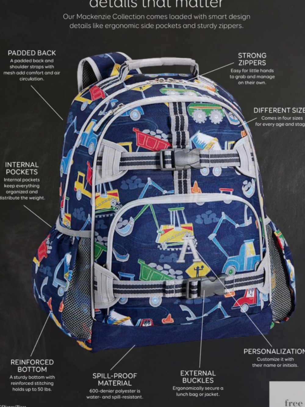 Pottery Barn Kids Mackenzie Backpack - Play Construction Truck Print - Blue/Gray